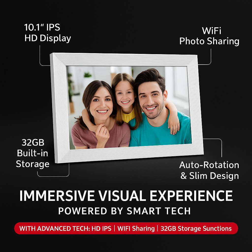Frameora HD WiFi Photo Frame – 10.1" IPS Touchscreen,